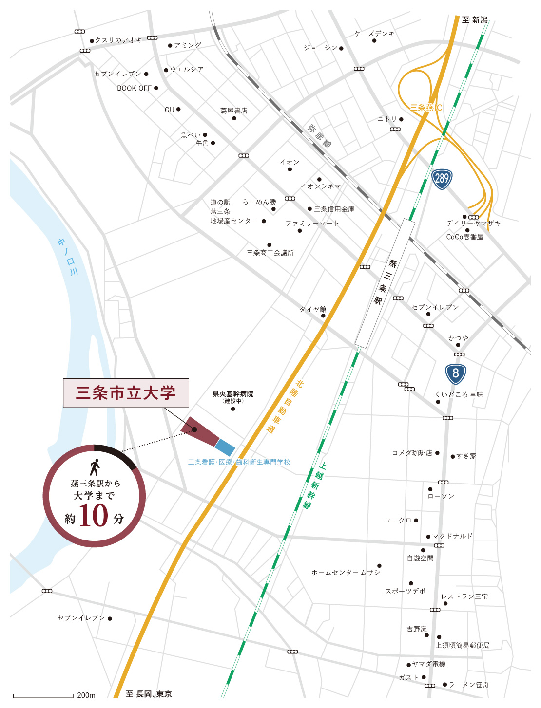 燕三条駅から大学への地図が描かれています。燕三条駅から大学までは徒歩約10分です